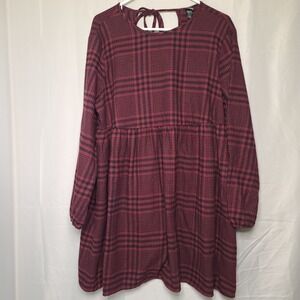 Wild Fable Babydoll Dress Women L Burgundy Black Plaid Long Sleeve Tie Back
